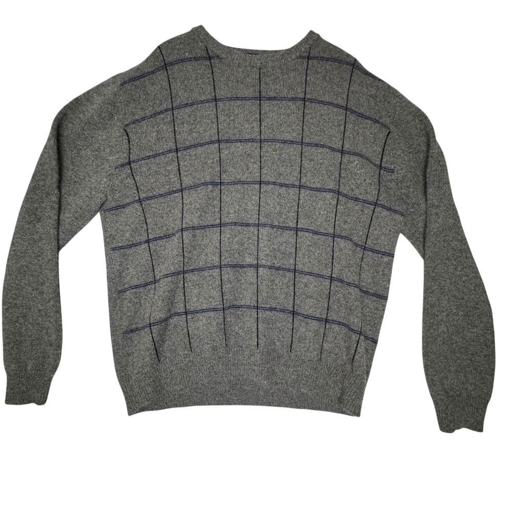 Grant Thomas Mens XXL Grey 100% Cashmere Windowpane Grid Crew Neck Sweater